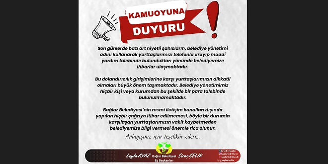 Bağlar Belediyesi’nden Dolandırıcılık Uyarısı